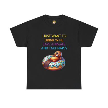 Funny Unisex Heavy Cotton Tee - 'I Just Want to Drink Wine, Save Animals, and Take Naps'