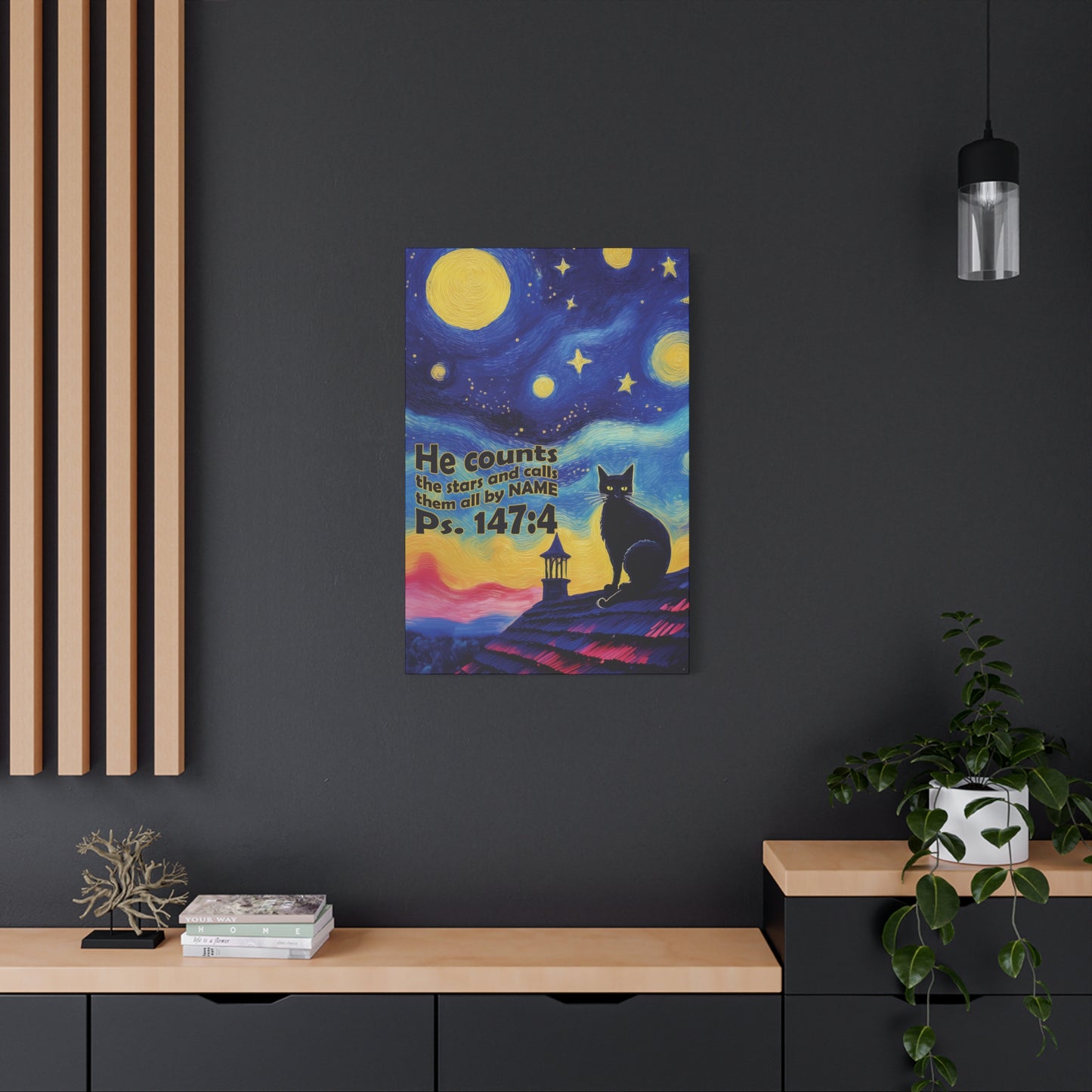 Starry Night Cat Canvas Print, Inspirational Wall Art, Cozy Home Decor, Cat Lover Gift, Psalms 147:4