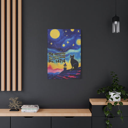 Starry Night Cat Canvas Print, Inspirational Wall Art, Cozy Home Decor, Cat Lover Gift, Psalms 147:4