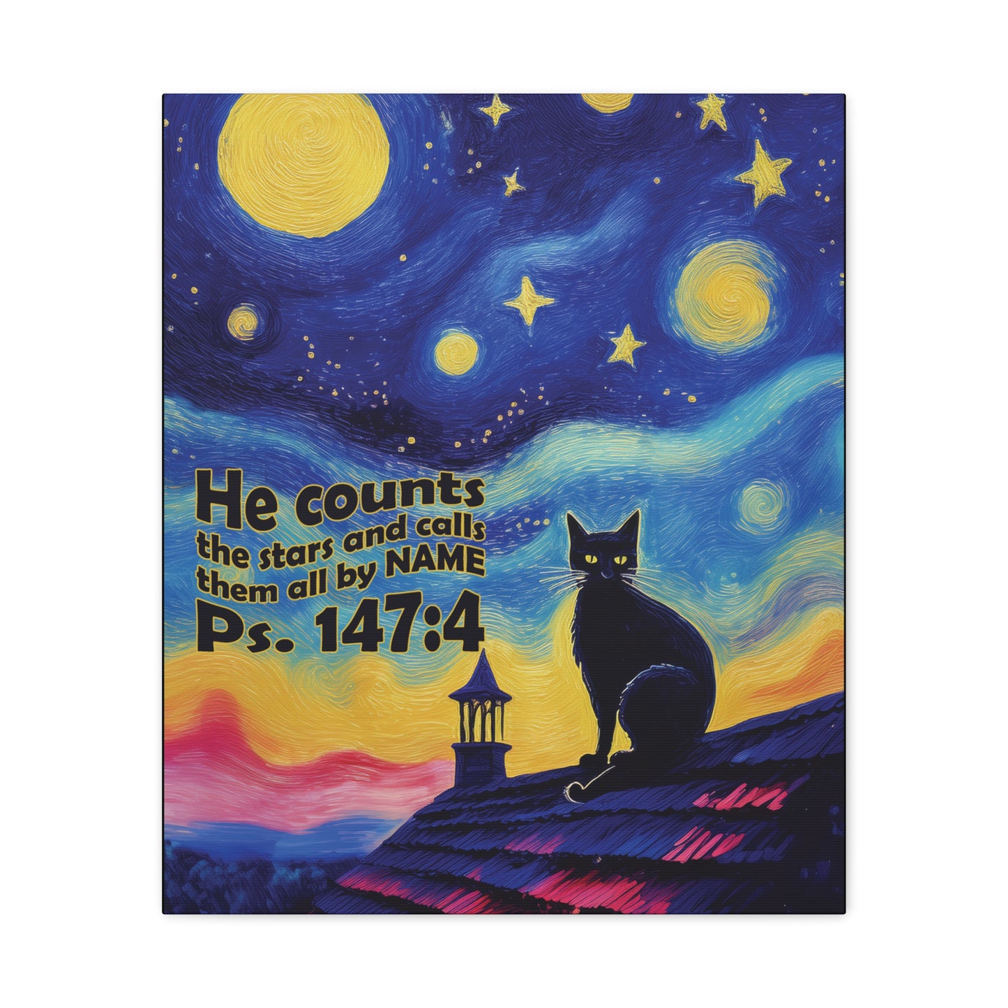 Starry Night Cat Canvas Print, Inspirational Wall Art, Cozy Home Decor, Cat Lover Gift, Psalms 147:4