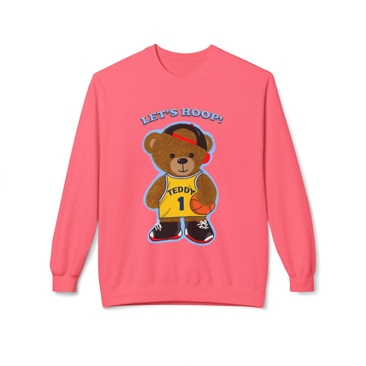 Cute Teddy Bear Basketball Crewneck Sweatshirt, Unisex Retro Fleece Top, Perfect Gift for Sports Lovers, Cozy Layering Piece, Fun Streetwear