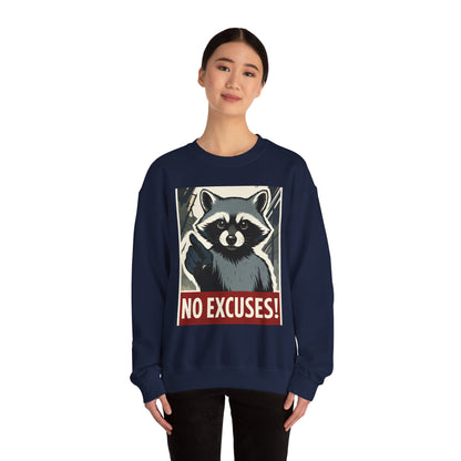 No Excuses! Raccoon Crewneck Sweatshirt, Cozy Sweatshirt for Animal Lovers, Gift for Motivation, Funny Sweatshirt, Unisex Fashion