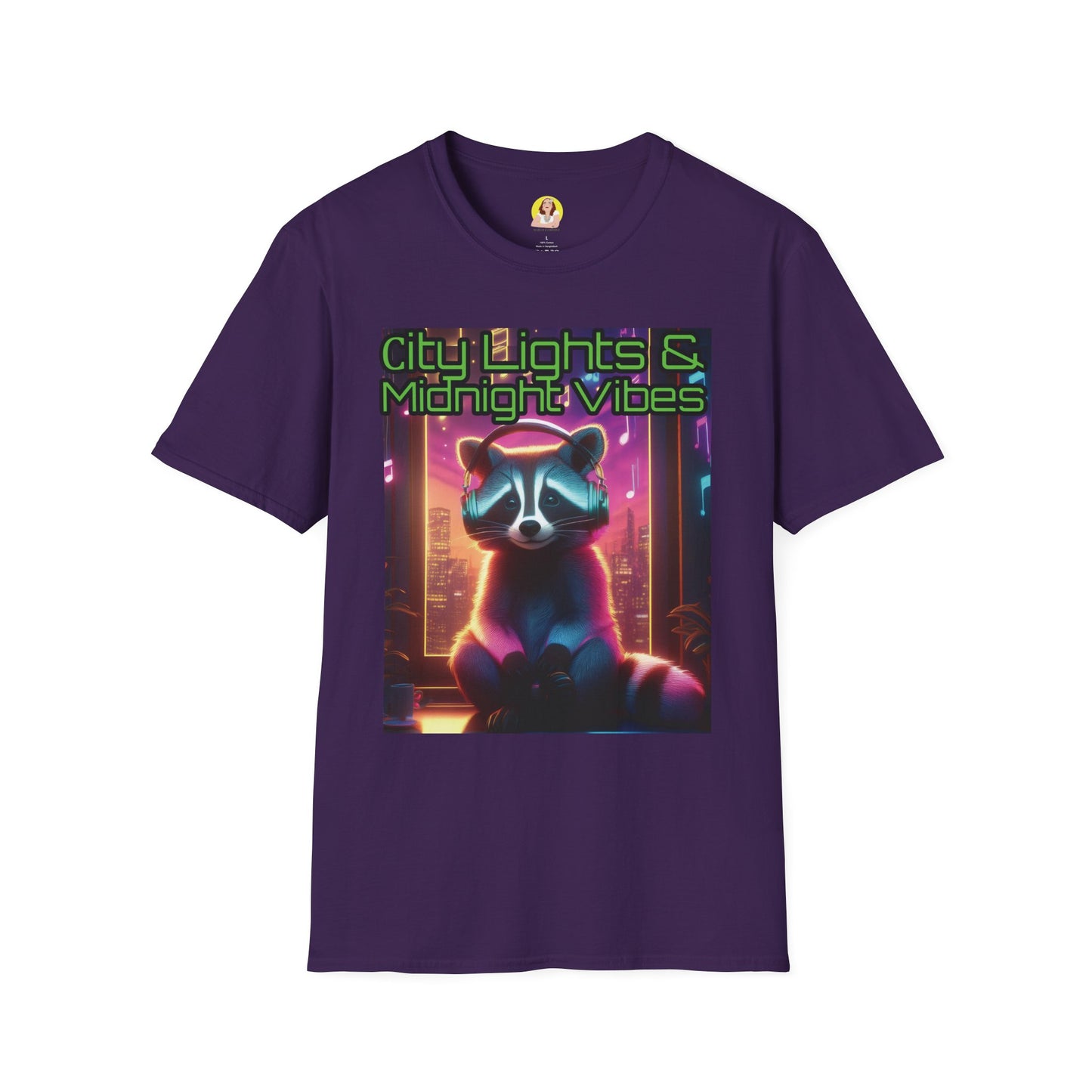 Nighttime Vibes Tee - Raccoon Design, Unisex Softstyle T-Shirt, Graphic Tee, City Lights Apparel, Urban Wear, Gift for Nature Lovers