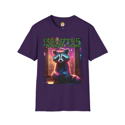 Nighttime Vibes Tee - Raccoon Design, Unisex Softstyle T-Shirt, Graphic Tee, City Lights Apparel, Urban Wear, Gift for Nature Lovers