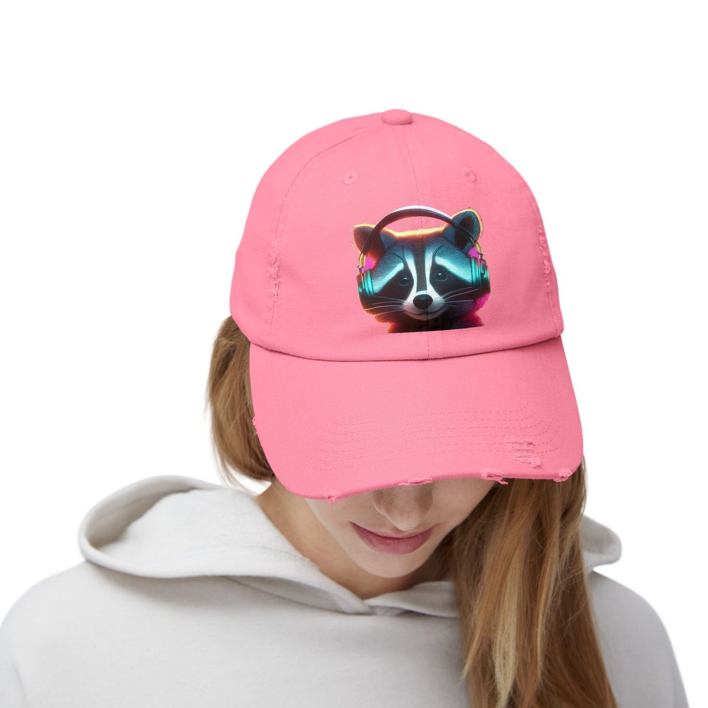 Cool Raccoon Distressed Cap | Trendy Unisex Snapback | Fun Outing Gear | Gift for Animal Lovers, Music Fans, Casual Wear