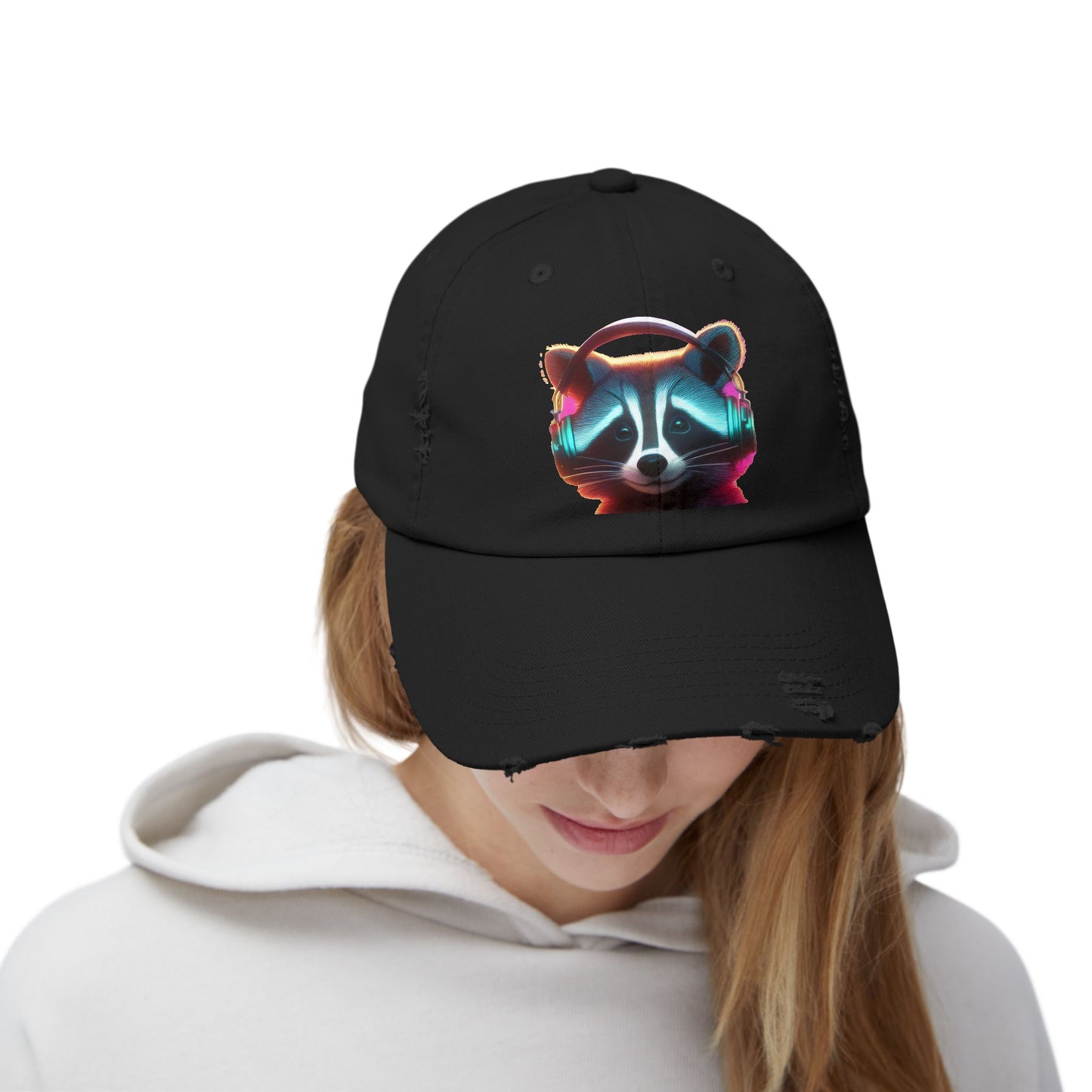 Cool Raccoon Distressed Cap | Trendy Unisex Snapback | Fun Outing Gear | Gift for Animal Lovers, Music Fans, Casual Wear