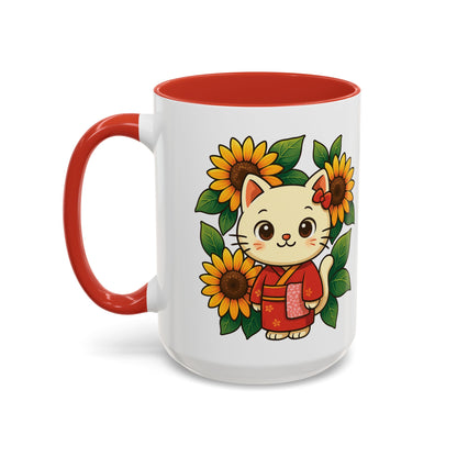 Cute Cat Floral Accent Coffee Mug - Kitty Lover Gift, Tea Cup, Home Decor, Anime Inspired, Coffee Lover Gift