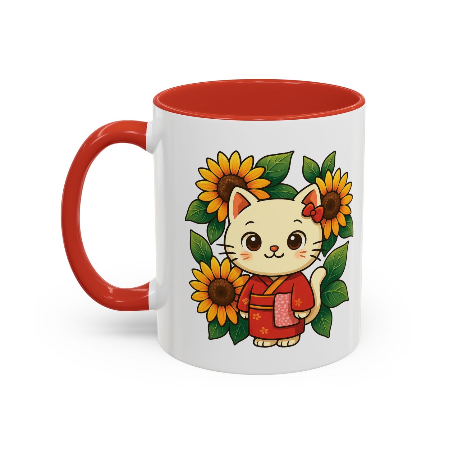 Cute Cat Floral Accent Coffee Mug - Kitty Lover Gift, Tea Cup, Home Decor, Anime Inspired, Coffee Lover Gift