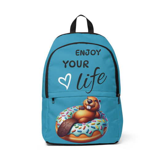 Fun Unisex Fabric Backpack - 'Enjoy Your Life' with Cute Beaver Design