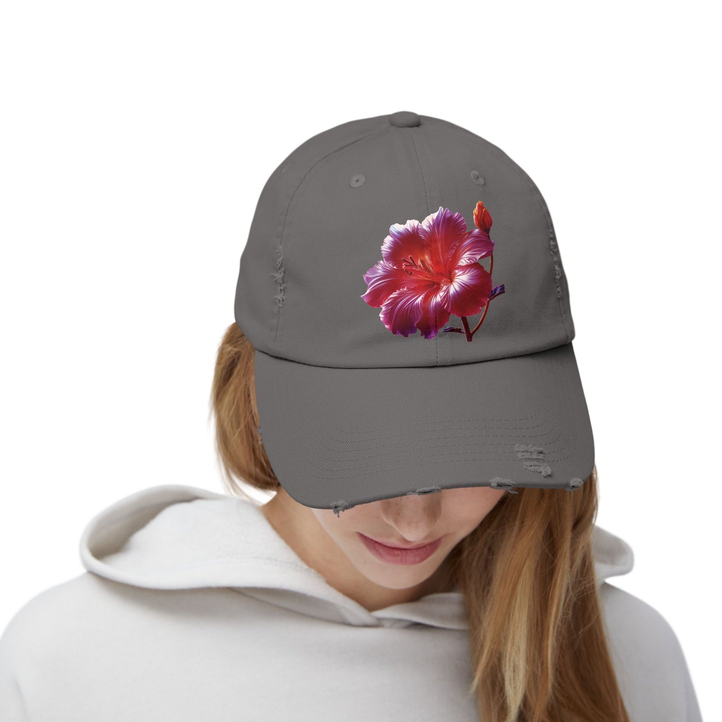 Hibiscus Flower Distressed Cap, Floral Baseball Hat, Trendy Unisex Hat, Summer Accessory, Gift for Garden Lovers, Casual Wear