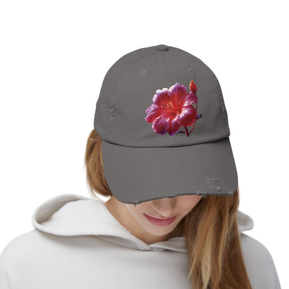 Hibiscus Flower Distressed Cap, Floral Baseball Hat, Trendy Unisex Hat, Summer Accessory, Gift for Garden Lovers, Casual Wear