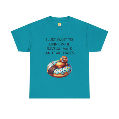Funny Unisex Heavy Cotton Tee - 'I Just Want to Drink Wine, Save Animals, and Take Naps'