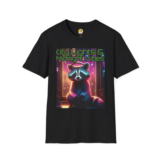 Nighttime Vibes Tee - Raccoon Design, Unisex Softstyle T-Shirt, Graphic Tee, City Lights Apparel, Urban Wear, Gift for Nature Lovers