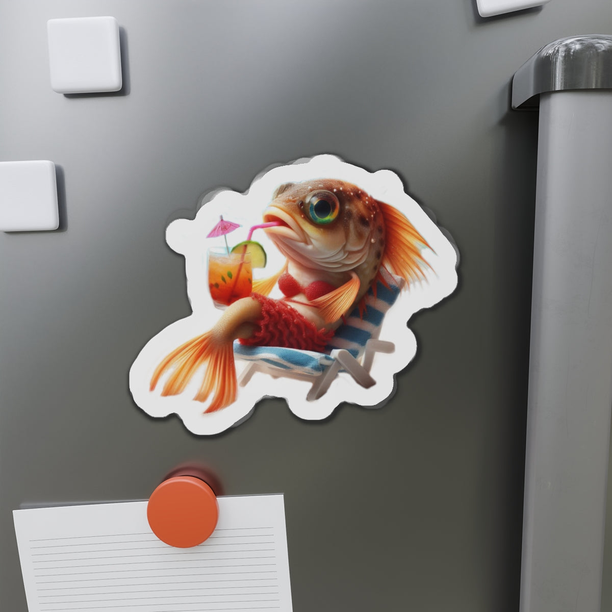 Relaxing Fish Die-Cut Magnet, Fun Fridge Decor, Unique Gift for Fish Lovers, Summer Vibe Home Accessory, Playful Kitchen Art