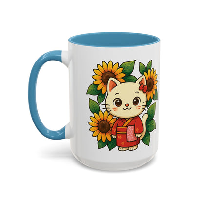 Cute Cat Floral Accent Coffee Mug - Kitty Lover Gift, Tea Cup, Home Decor, Anime Inspired, Coffee Lover Gift