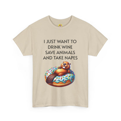Funny Unisex Heavy Cotton Tee - 'I Just Want to Drink Wine, Save Animals, and Take Naps'