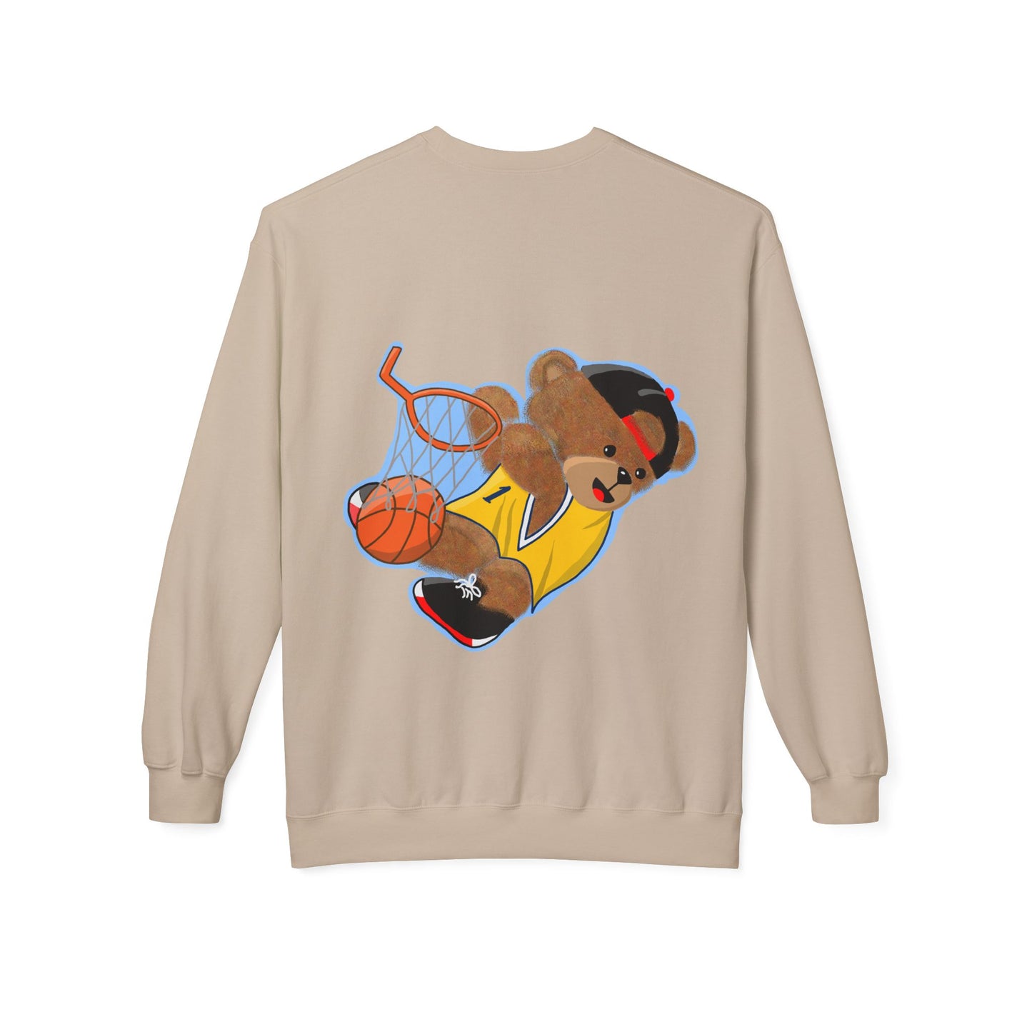 Cute Teddy Bear Basketball Crewneck Sweatshirt, Unisex Retro Fleece Top, Perfect Gift for Sports Lovers, Cozy Layering Piece, Fun Streetwear