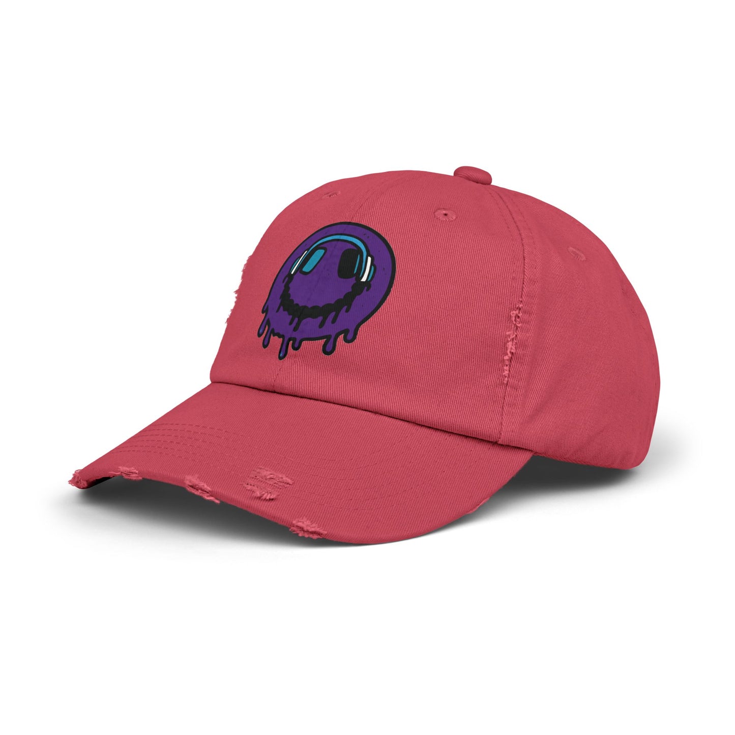 Trendy Unisex Distressed Cap with Dripping Smiley Design, Casual Fashion Hat, Streetwear Accessory, Gift for Music Lovers, Summer Essential
