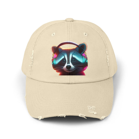 Cool Raccoon Distressed Cap | Trendy Unisex Snapback | Fun Outing Gear | Gift for Animal Lovers, Music Fans, Casual Wear