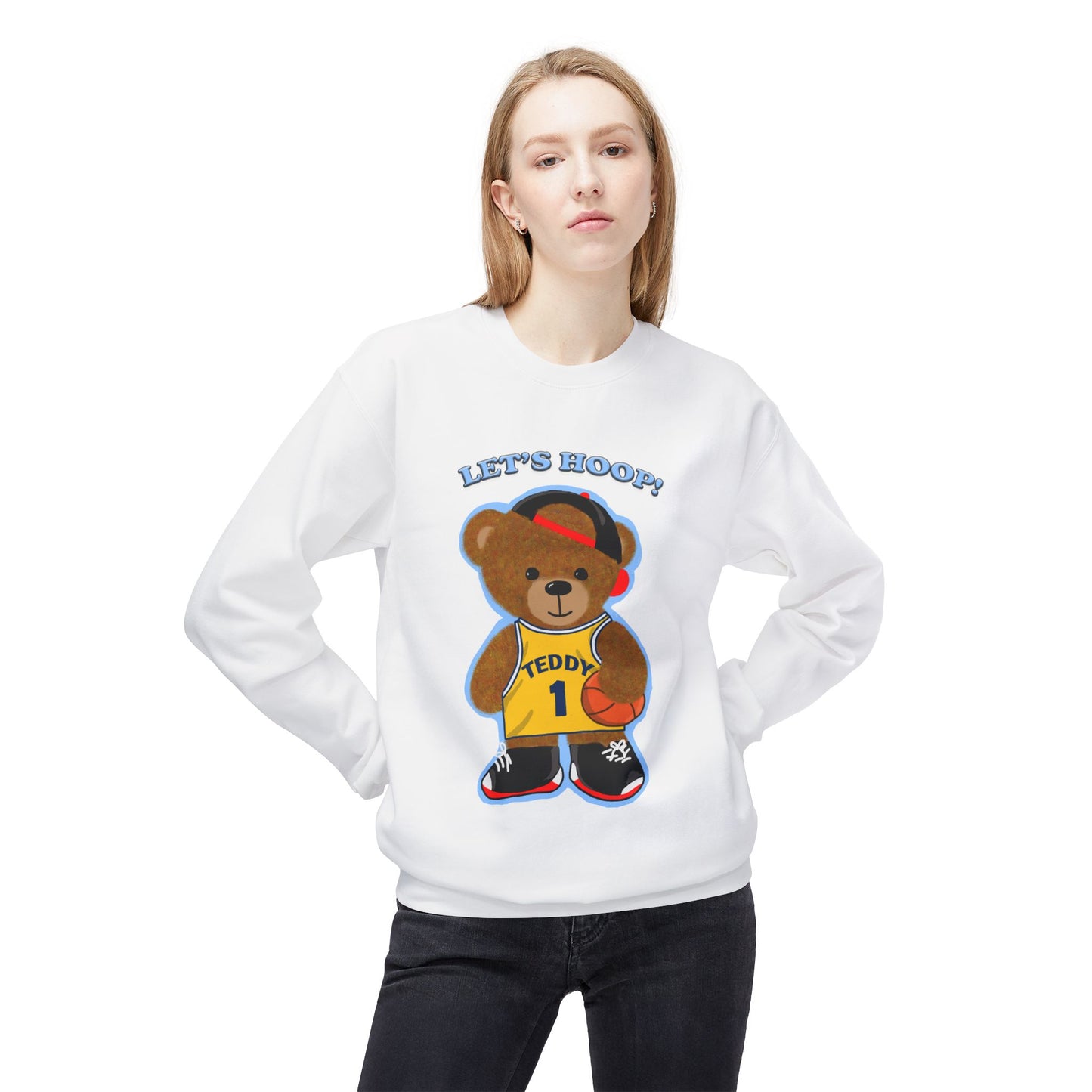 Cute Teddy Bear Basketball Crewneck Sweatshirt, Unisex Retro Fleece Top, Perfect Gift for Sports Lovers, Cozy Layering Piece, Fun Streetwear