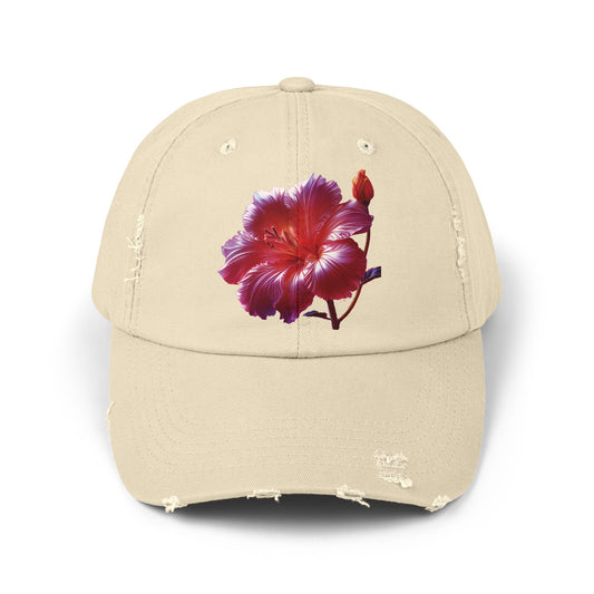 Hibiscus Flower Distressed Cap, Floral Baseball Hat, Trendy Unisex Hat, Summer Accessory, Gift for Garden Lovers, Casual Wear