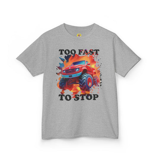 Monster Truck Kids Tee - Perfect for Birthday Parties, Road Trip, Gifts, Playtime, Too Fast to Stop Theme