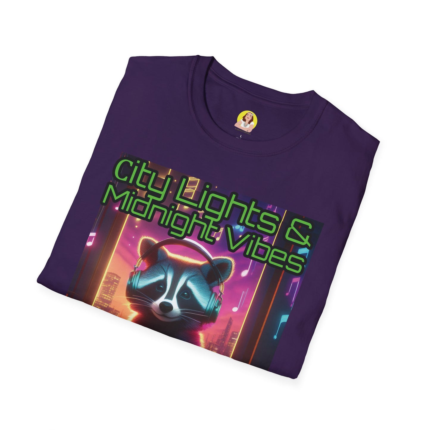 Nighttime Vibes Tee - Raccoon Design, Unisex Softstyle T-Shirt, Graphic Tee, City Lights Apparel, Urban Wear, Gift for Nature Lovers