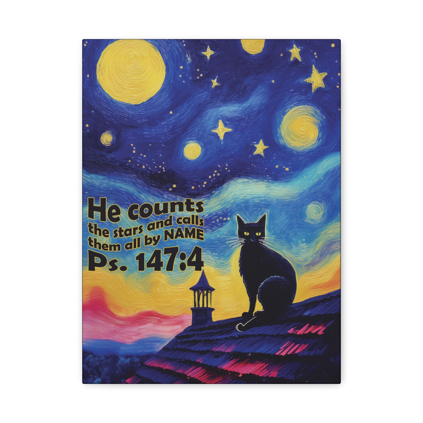 Starry Night Cat Canvas Print, Inspirational Wall Art, Cozy Home Decor, Cat Lover Gift, Psalms 147:4