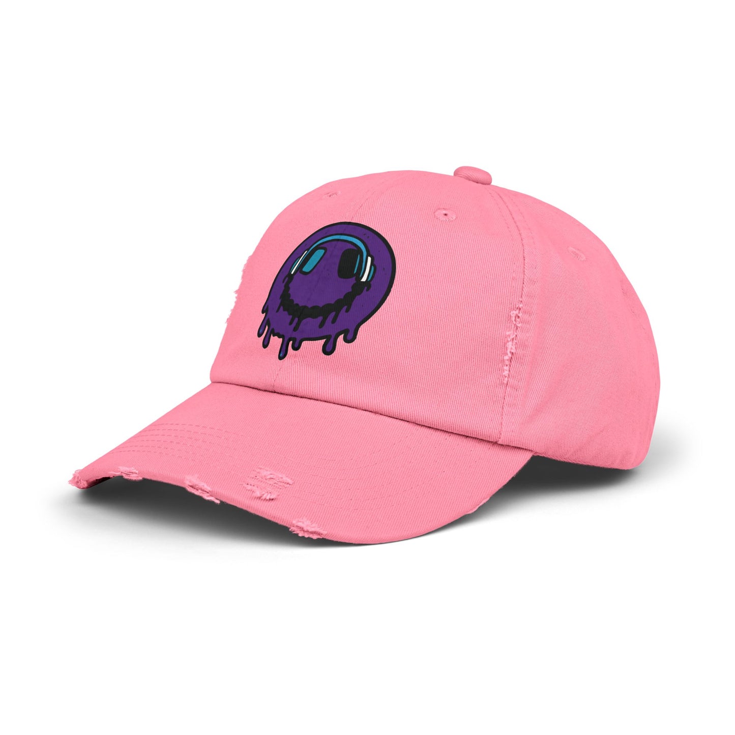Trendy Unisex Distressed Cap with Dripping Smiley Design, Casual Fashion Hat, Streetwear Accessory, Gift for Music Lovers, Summer Essential