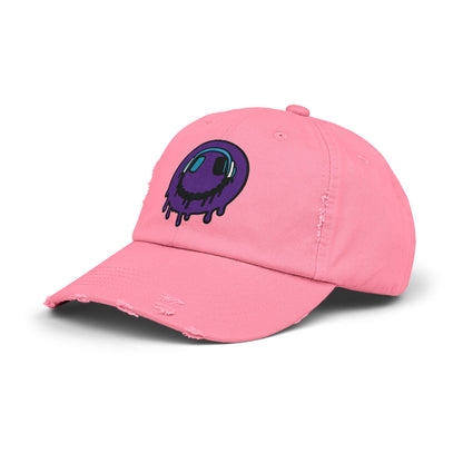 Trendy Unisex Distressed Cap with Dripping Smiley Design, Casual Fashion Hat, Streetwear Accessory, Gift for Music Lovers, Summer Essential