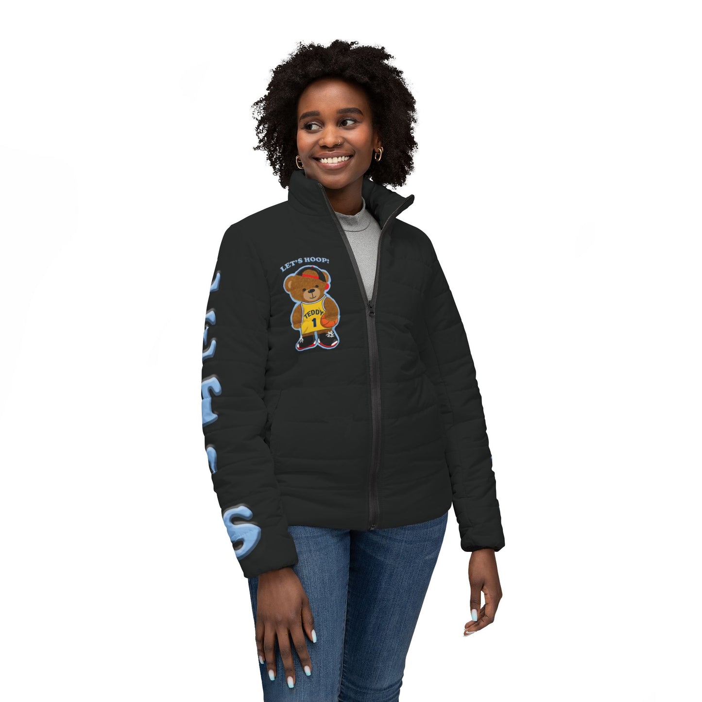 Sporty Bear Puffer Jacket for Women, Fun Athleisure Outerwear, Perfect for Basketball Lovers, Casual Styling, Cozy Layering
