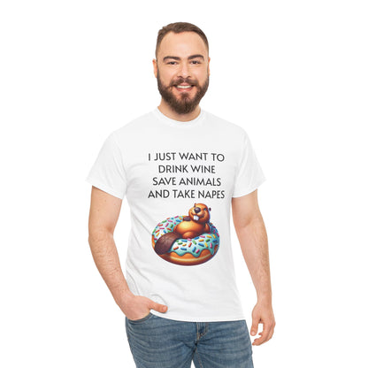 Funny Unisex Heavy Cotton Tee - 'I Just Want to Drink Wine, Save Animals, and Take Naps'