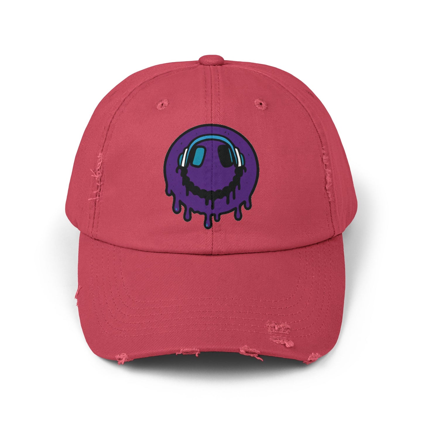 Trendy Unisex Distressed Cap with Dripping Smiley Design, Casual Fashion Hat, Streetwear Accessory, Gift for Music Lovers, Summer Essential