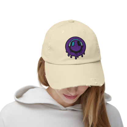 Trendy Unisex Distressed Cap with Dripping Smiley Design, Casual Fashion Hat, Streetwear Accessory, Gift for Music Lovers, Summer Essential