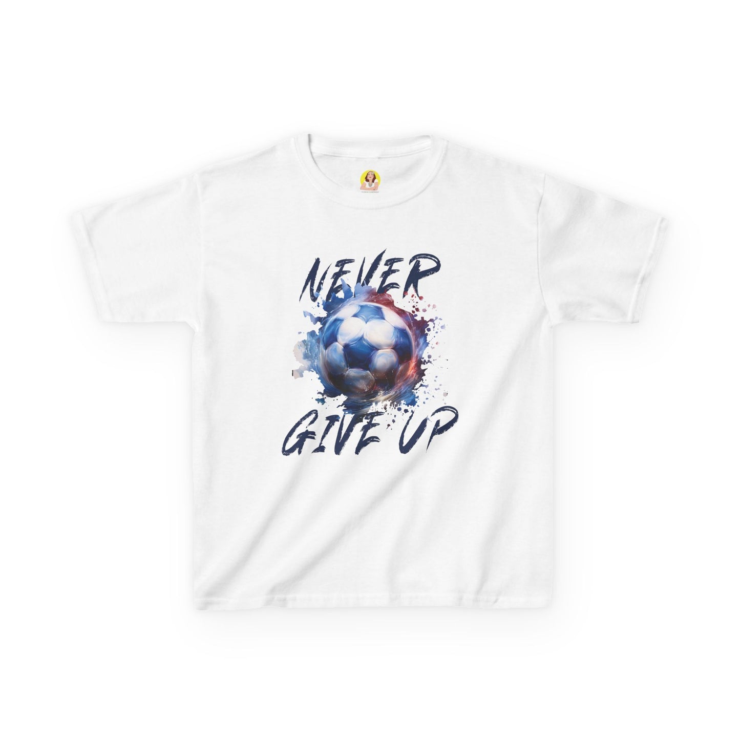 Soccer Motivation Tee - Never Give Up, Kids Heavy Cotton T-Shirt, Sports Shirt, Gift for Young Athletes, Birthday Present, Team Apparel