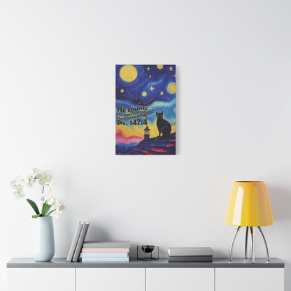 Starry Night Cat Canvas Print, Inspirational Wall Art, Cozy Home Decor, Cat Lover Gift, Psalms 147:4