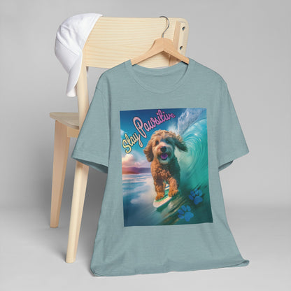 Surfing Dog Unisex Jersey T-Shirt | Stay Pawsitive Tee, Pet Lover Gift, Beach Outfit, Fun Summer Shirt, Dog Mom Apparel