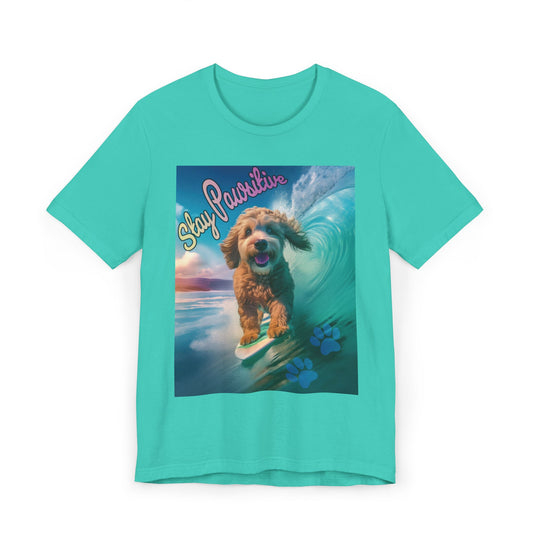 Surfing Dog Unisex Jersey T-Shirt | Stay Pawsitive Tee, Pet Lover Gift, Beach Outfit, Fun Summer Shirt, Dog Mom Apparel