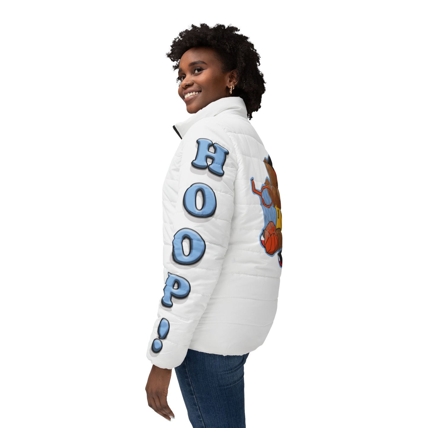 Basketball Bear Women’s Puffer Jacket, Sporty Outerwear, Trendy Winter Coat, Causal Streetwear, Athletic Gift, Note: Cute Graphic Design