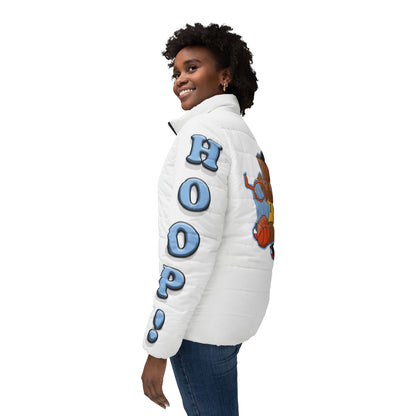 Basketball Bear Women’s Puffer Jacket, Sporty Outerwear, Trendy Winter Coat, Causal Streetwear, Athletic Gift, Note: Cute Graphic Design