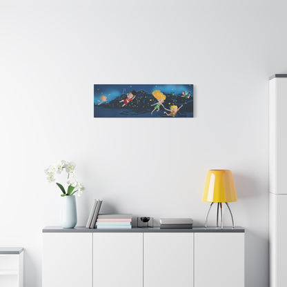 Whimsical Night Sky Canvas Art, Kids' Room Decor, Playful Wall Art, Dreamy Decor for Children, Magical Nighttime Scene