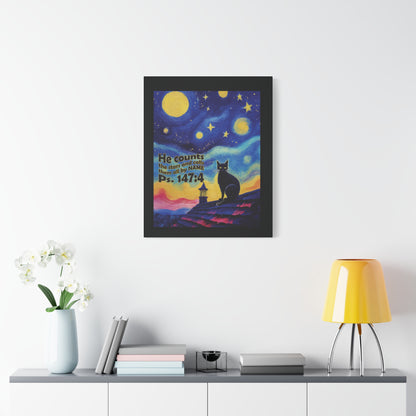 Starry Night Cat Canvas Print, Inspirational Wall Art, Cozy Home Decor, Cat Lover Gift, Psalms 147:4