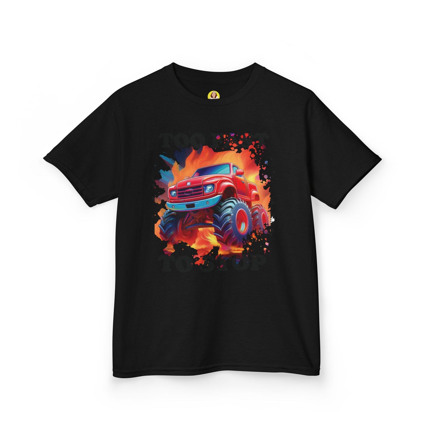 Monster Truck Kids Tee - Perfect for Birthday Parties, Road Trip, Gifts, Playtime, Too Fast to Stop Theme