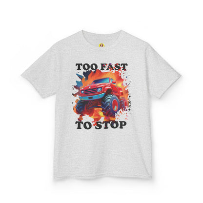 Monster Truck Kids Tee - Perfect for Birthday Parties, Road Trip, Gifts, Playtime, Too Fast to Stop Theme