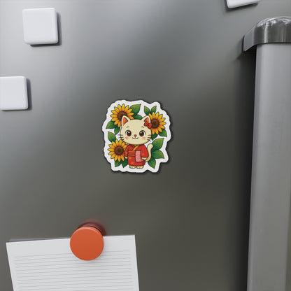 Cute Cat & Sunflower Die-Cut Magnets, Whimsical Kitchen Decor, Gift for Cat Lovers, Fridge Magnet, Spring Decor