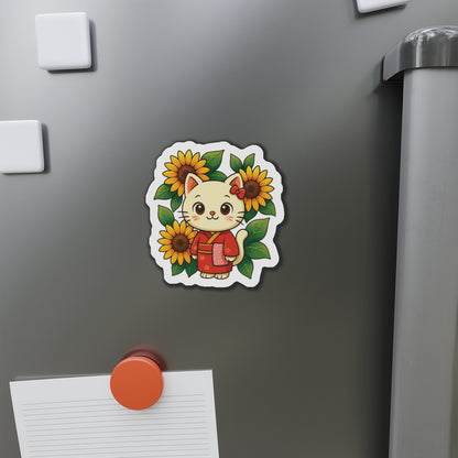 Cute Cat & Sunflower Die-Cut Magnets, Whimsical Kitchen Decor, Gift for Cat Lovers, Fridge Magnet, Spring Decor