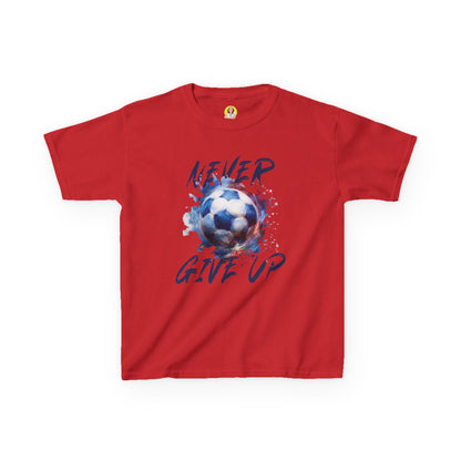 Soccer Motivation Tee - Never Give Up, Kids Heavy Cotton T-Shirt, Sports Shirt, Gift for Young Athletes, Birthday Present, Team Apparel