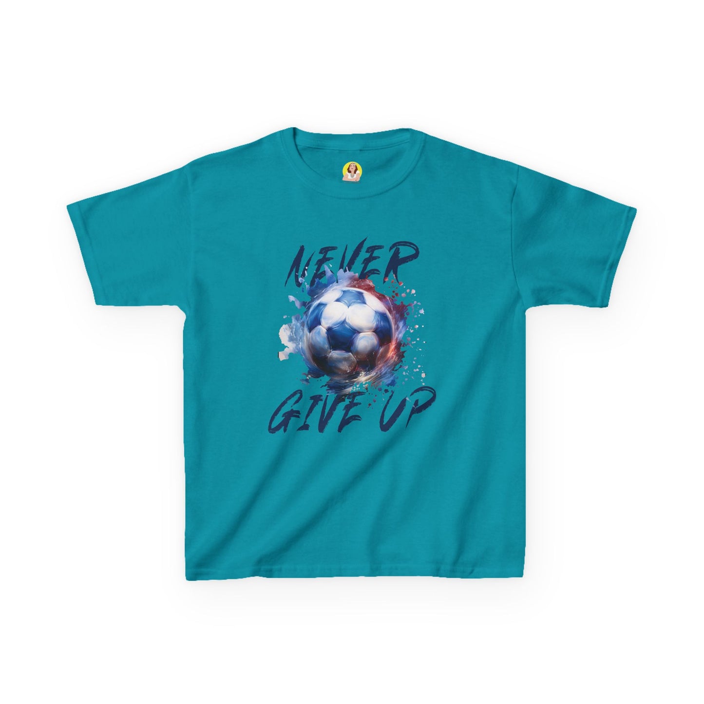 Soccer Motivation Tee - Never Give Up, Kids Heavy Cotton T-Shirt, Sports Shirt, Gift for Young Athletes, Birthday Present, Team Apparel