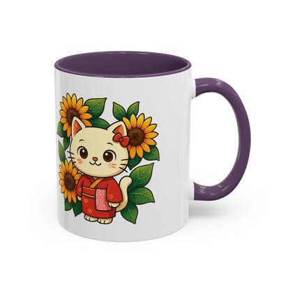 Cute Cat Floral Accent Coffee Mug - Kitty Lover Gift, Tea Cup, Home Decor, Anime Inspired, Coffee Lover Gift