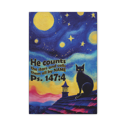 Starry Night Cat Canvas Print, Inspirational Wall Art, Cozy Home Decor, Cat Lover Gift, Psalms 147:4